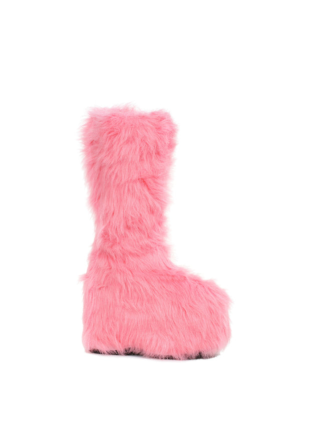 pink faux fur platform gogo chewbacca boots with chunky high heel and tall shaft