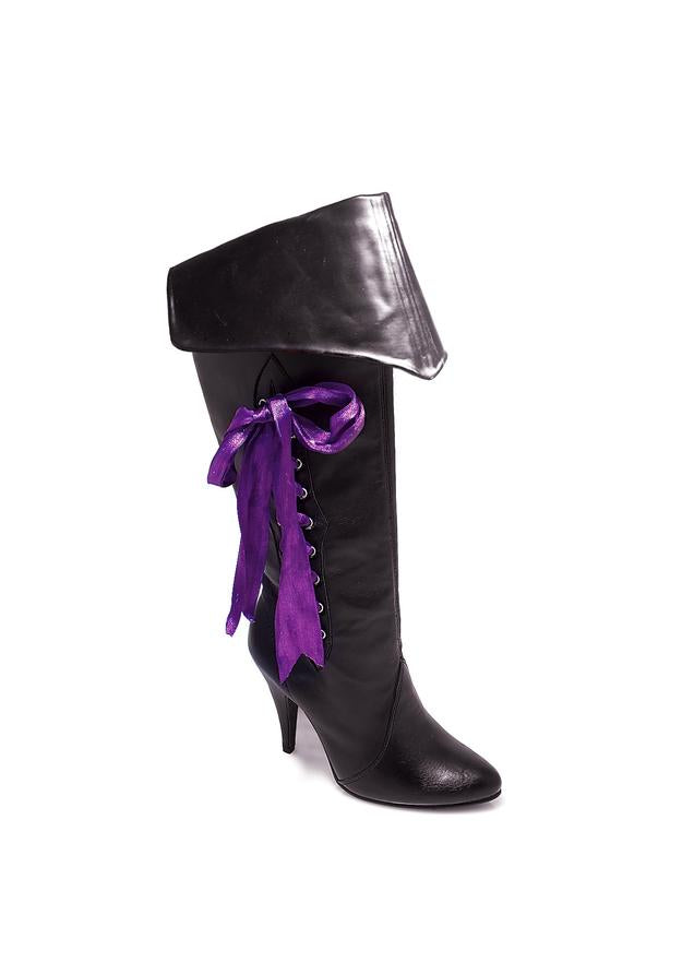 black pirate boots with three ribbons and 4 inch heel for costume or halloween party wear
