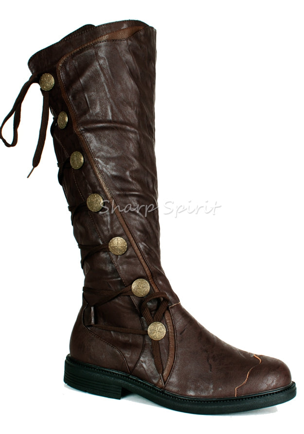 Brown pirate warrior gothic combat boots for men with brass buttons and steampunk inspired vintage design