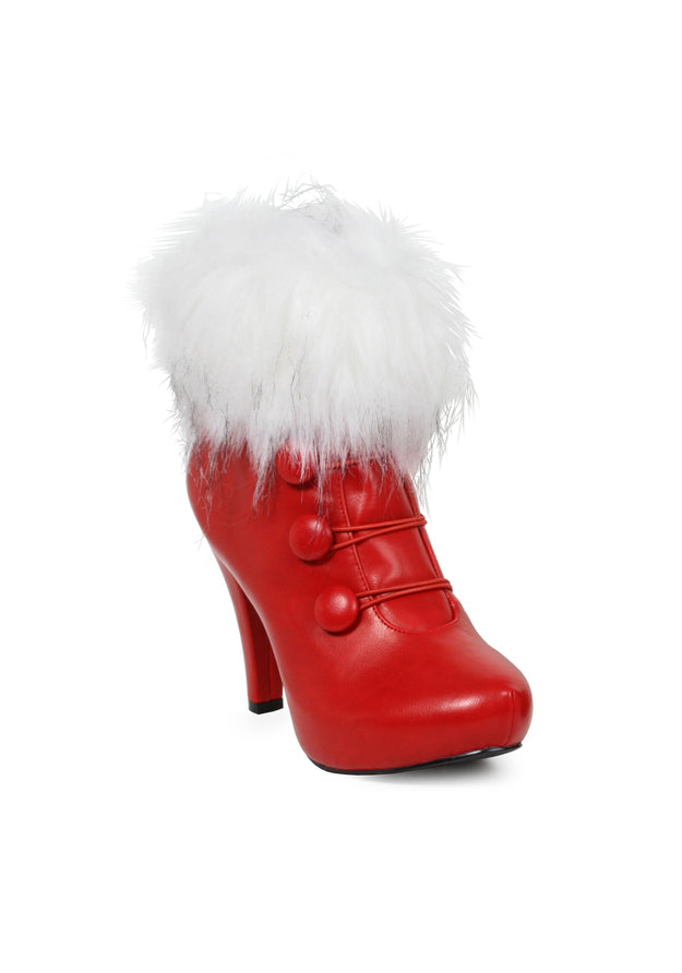 red faux fur booties with buttons and 4 inch heel for mrs claus or holiday costume