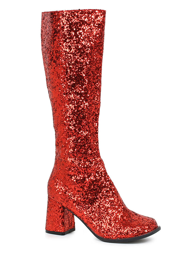red glitter gogo boots with zipper for 70s disco, halloween, or stage performer look