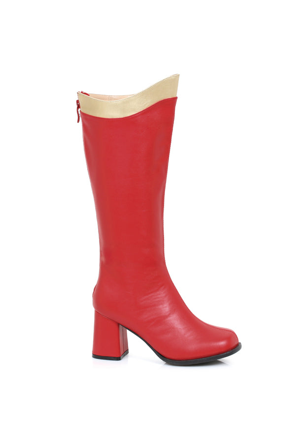 Red and gold knee high boots with zipper women’s retro mod superhero vintage fashion footwear
