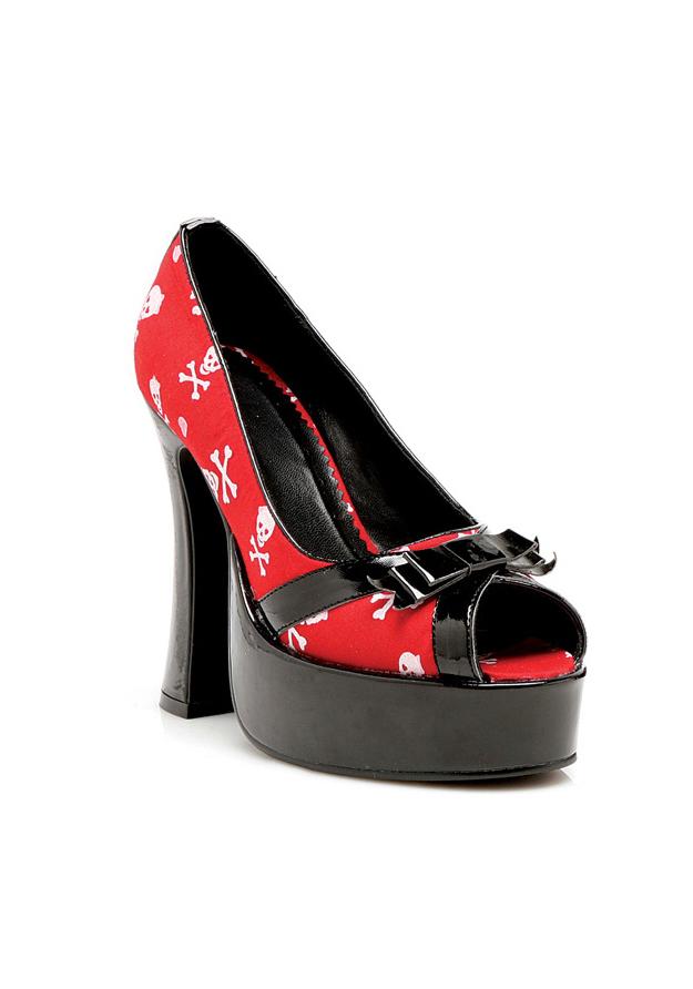 red satin platform heels with skull print and black trim for pirate or halloween costumes
