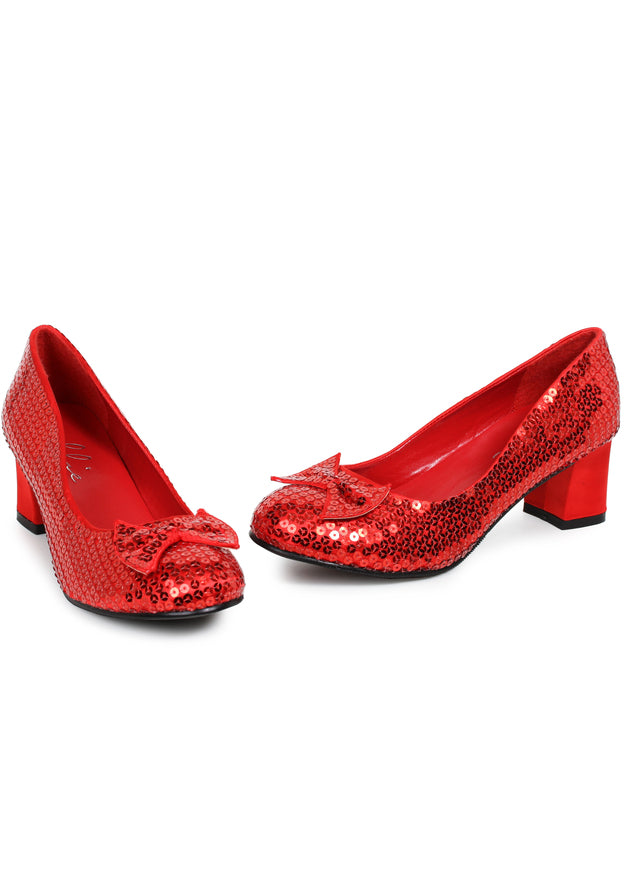 red sequin low heel pumps with bow accent and rounded toe design