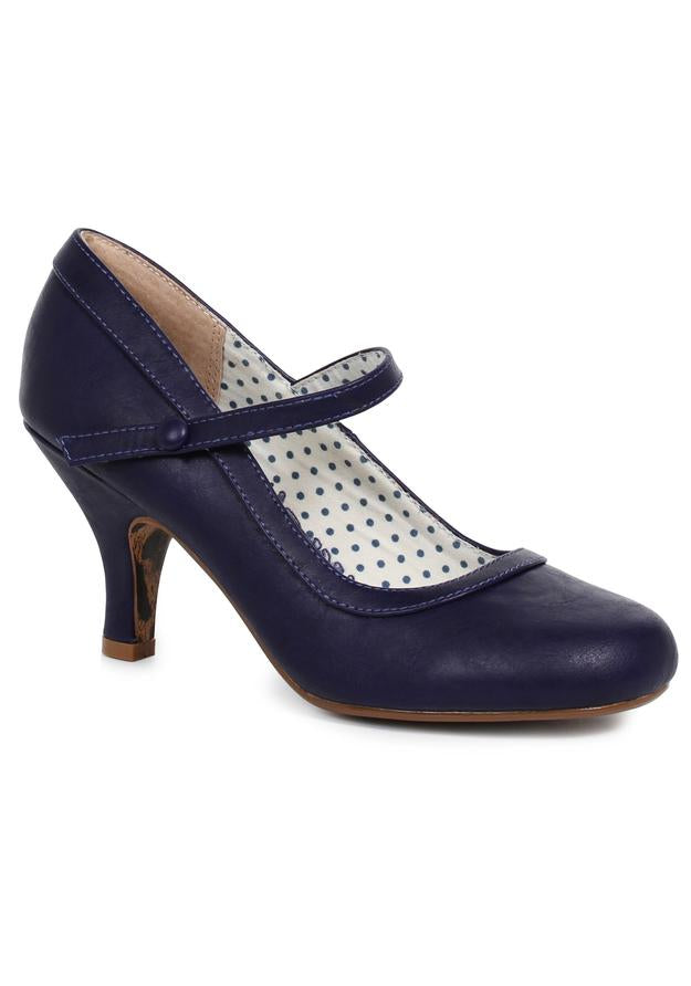 navy sailor mary jane heels with 3 inch heel and polka dot lining for retro vintage inspired looks