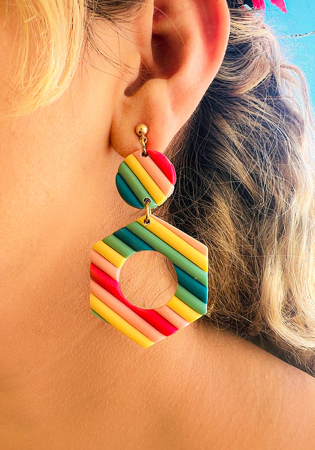retro 80s inspired rainbow striped hexagon polymer clay earrings handmade and lightweight