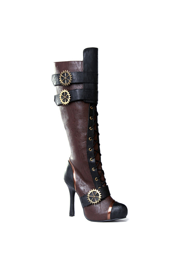 brown and black steampunk lace-up boots with gear buckles and 4 inch heel for cosplay or stage wear