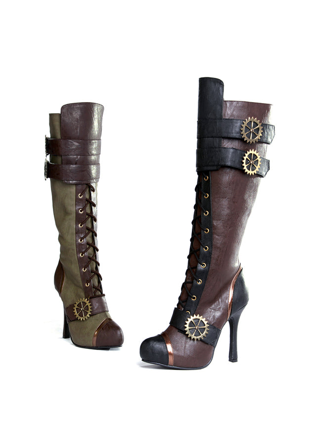 steampunk knee high boots with laces brown and green tones and bronze gear buckles