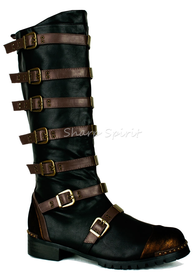 Bronze steampunk combat boots with multiple straps and brass buckles for fantasy or airship cosplay