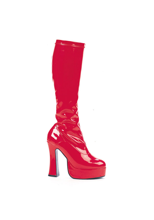 Stretch vinyl knee boots 5 inch heel red or black retro rave women’s fashion footwear