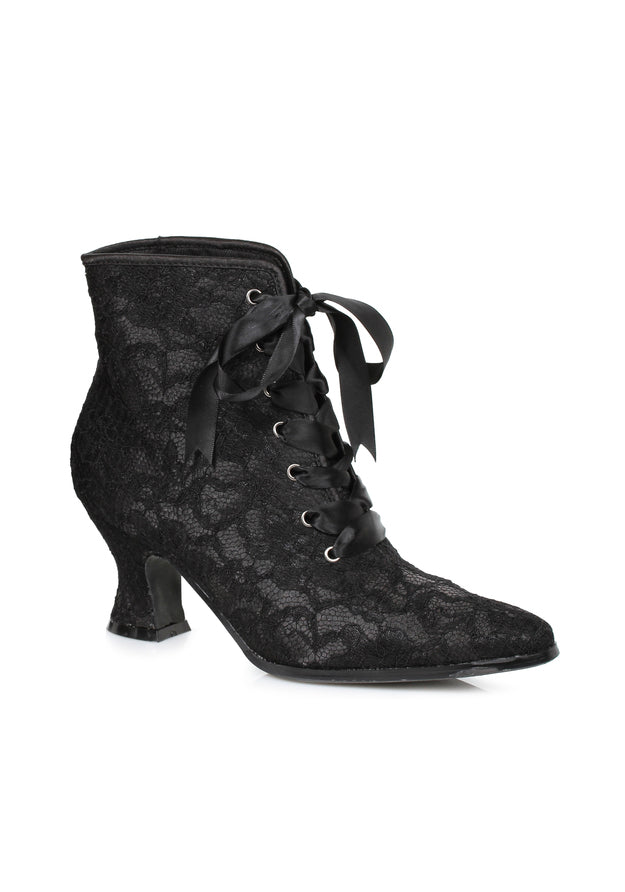 black lace ankle boots with ribbon ties and 2 inch heel for witch or victorian costume