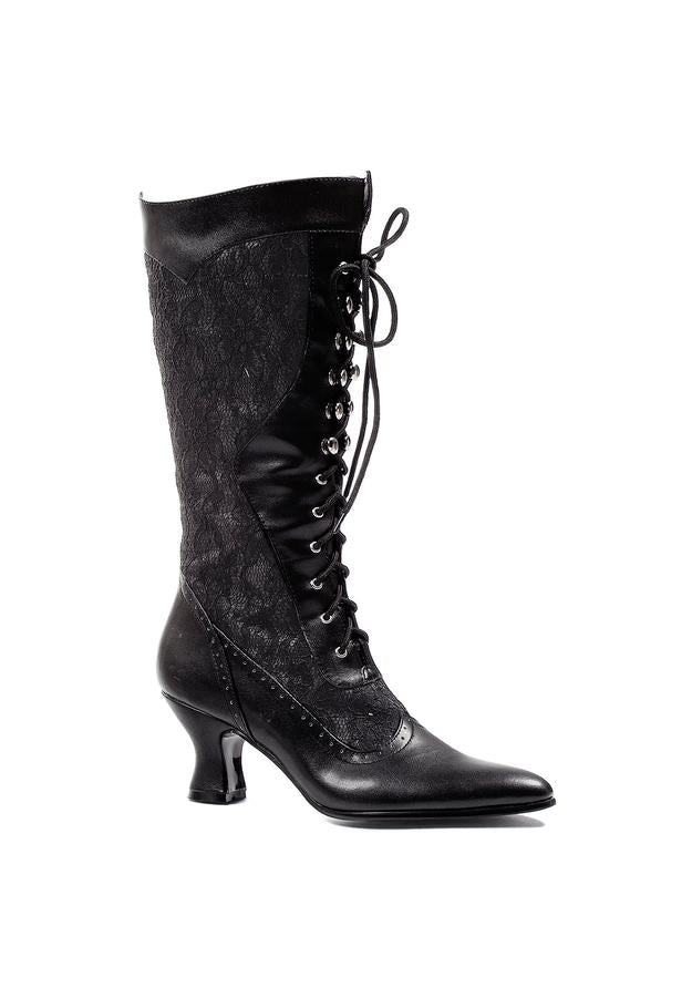black lace mid-calf boots with 2 inch heel and victorian brocade pattern for costume wear