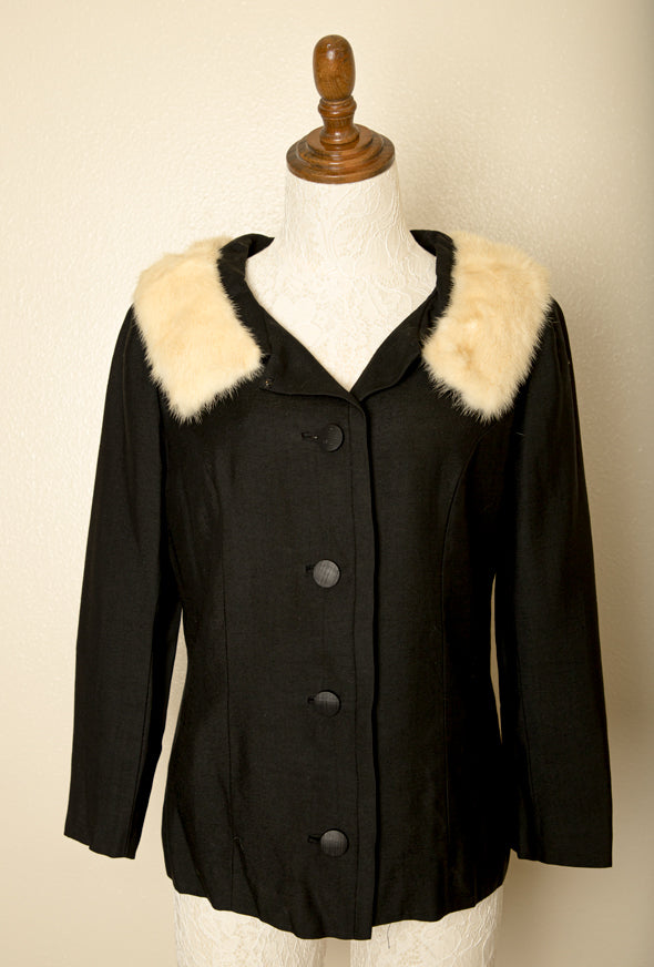 vintage 1960s button blazer jacket with fur collar pinup gothic mod fashion women’s medium
