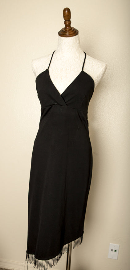 vintage black flapper dress fringe bottom halter tie back 1920s style women’s large