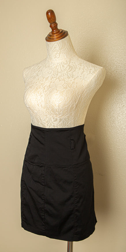 Vintage black high-waist mini skirt size medium stretchy fabric office secretary style with sleek retro design