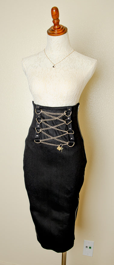 vintage black stiletto chain gothic punk biker skirt with metal lace up details women’s