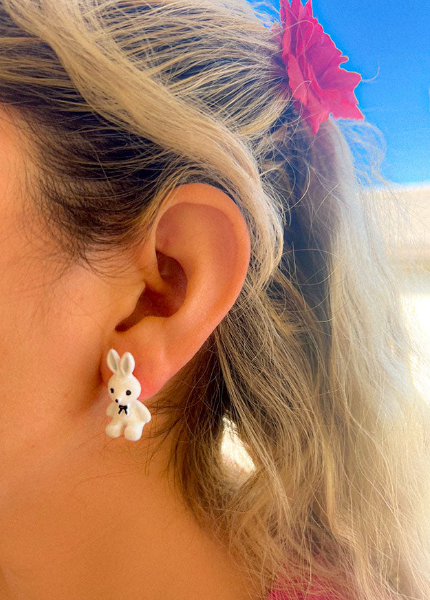 white bunny rabbit stud earrings with gold detail cute easter inspired enamel jewelry