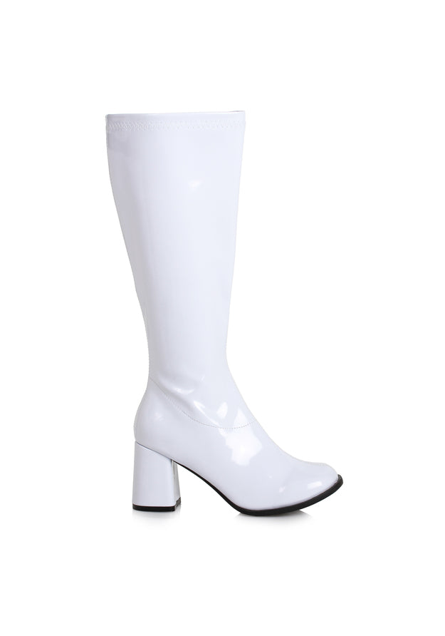 white patent go go boots with zipper and block heel for cheerleader or barbie costume