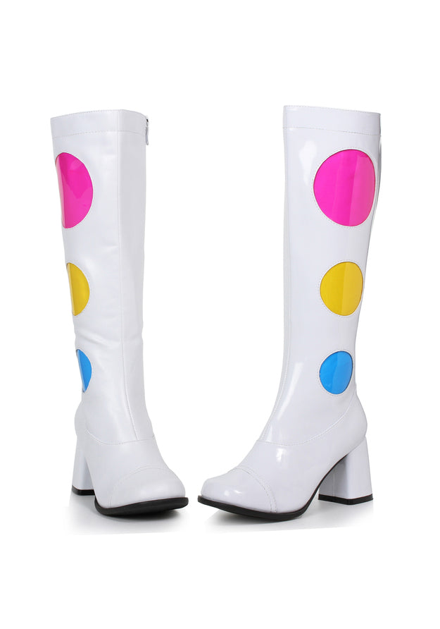 white go go boots with colorful dots and zipper for mod or pop star costume