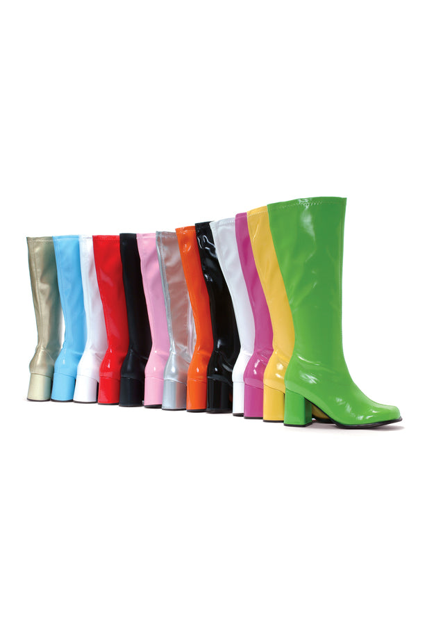 white mod gogo boots with 3 inch heel and zipper for retro dance or costume looks