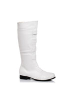White strapped knee-high cosplay boots men’s retro superhero style for costume or stage events