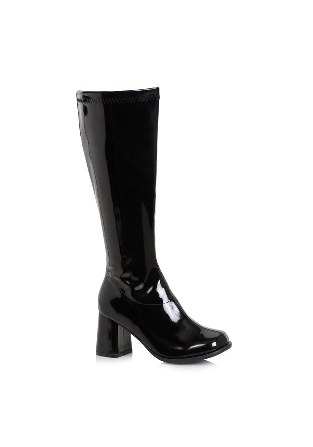 black wide width go go boots with side zipper and block heel
