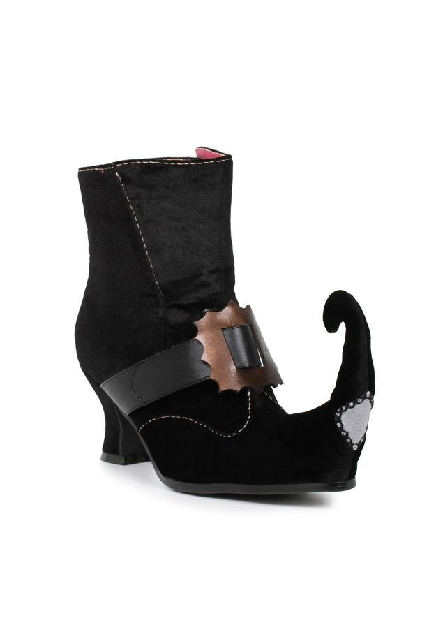 black velvet witch boots with curled toe and bronze buckle for halloween costume