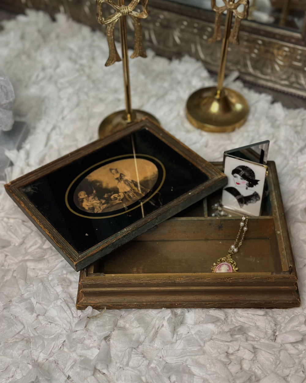 Antique Victorian Wood Trinket Jewelry Box Mirror Gold 19th Century