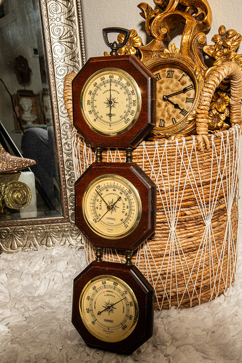 1960s Springfield vintage weather station thermometer and barometer, retro home decor collectible.