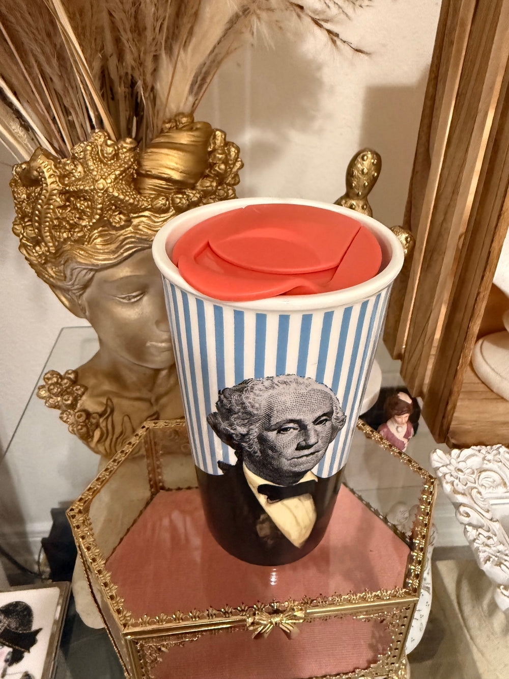 George Washington Blue Striped Tall Mug Tumbler With Lid / Pop Art