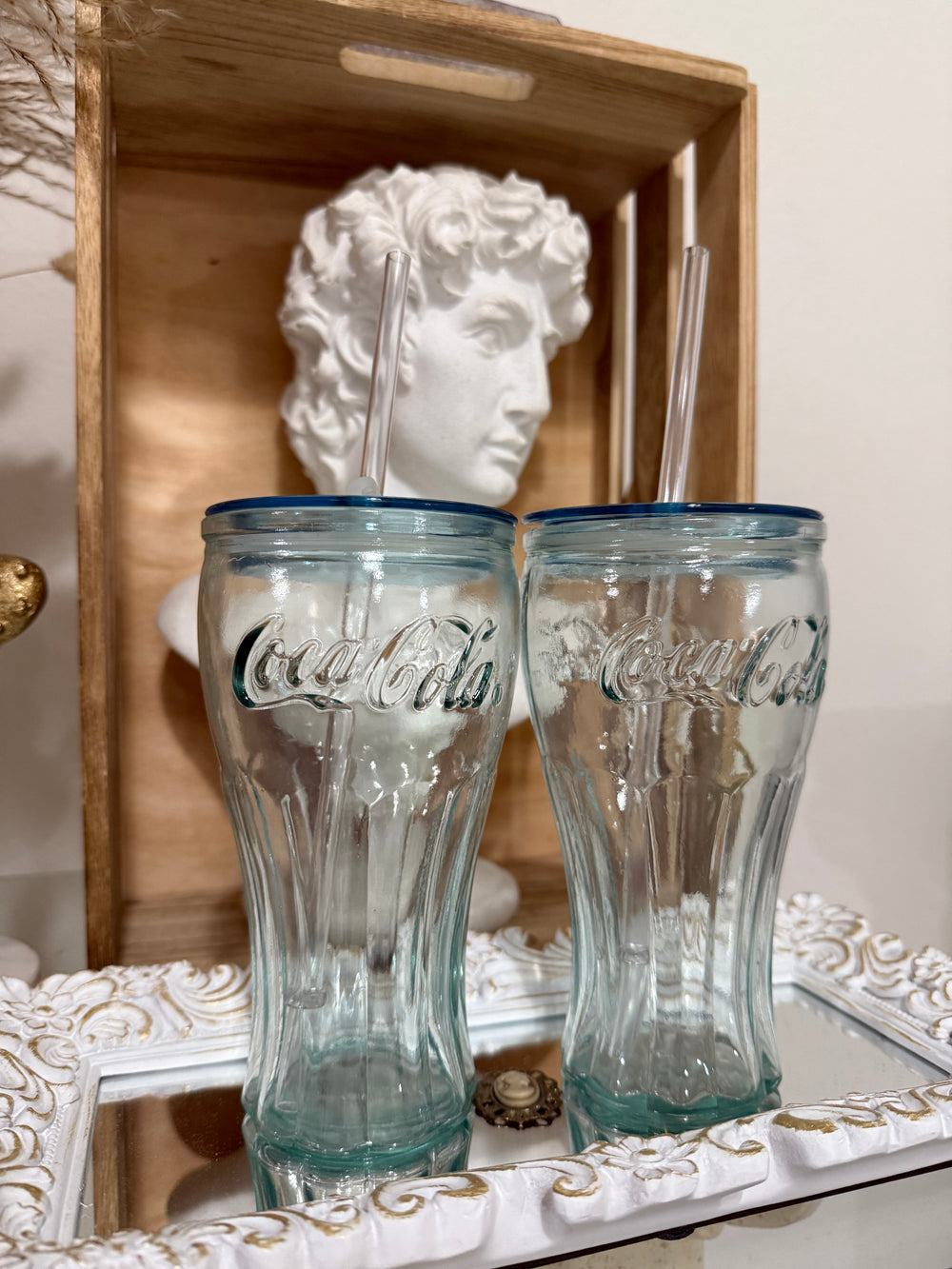 Made in Spain Set of 2 Classic Coca Cola Glass Drink Bottles W Straw & Lid