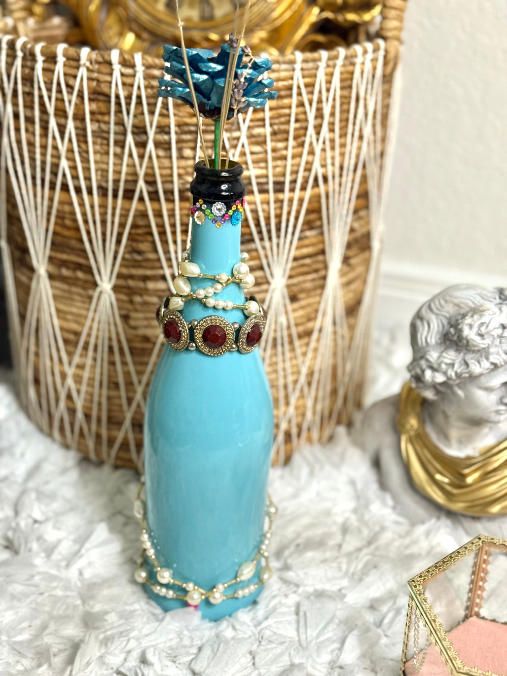 Repurposed - Blue Wine Bottle with Jewels - Home Decor - Table Decoration - Bejewled - Home Decoration Oddities - Flower Vase - Boho Decor