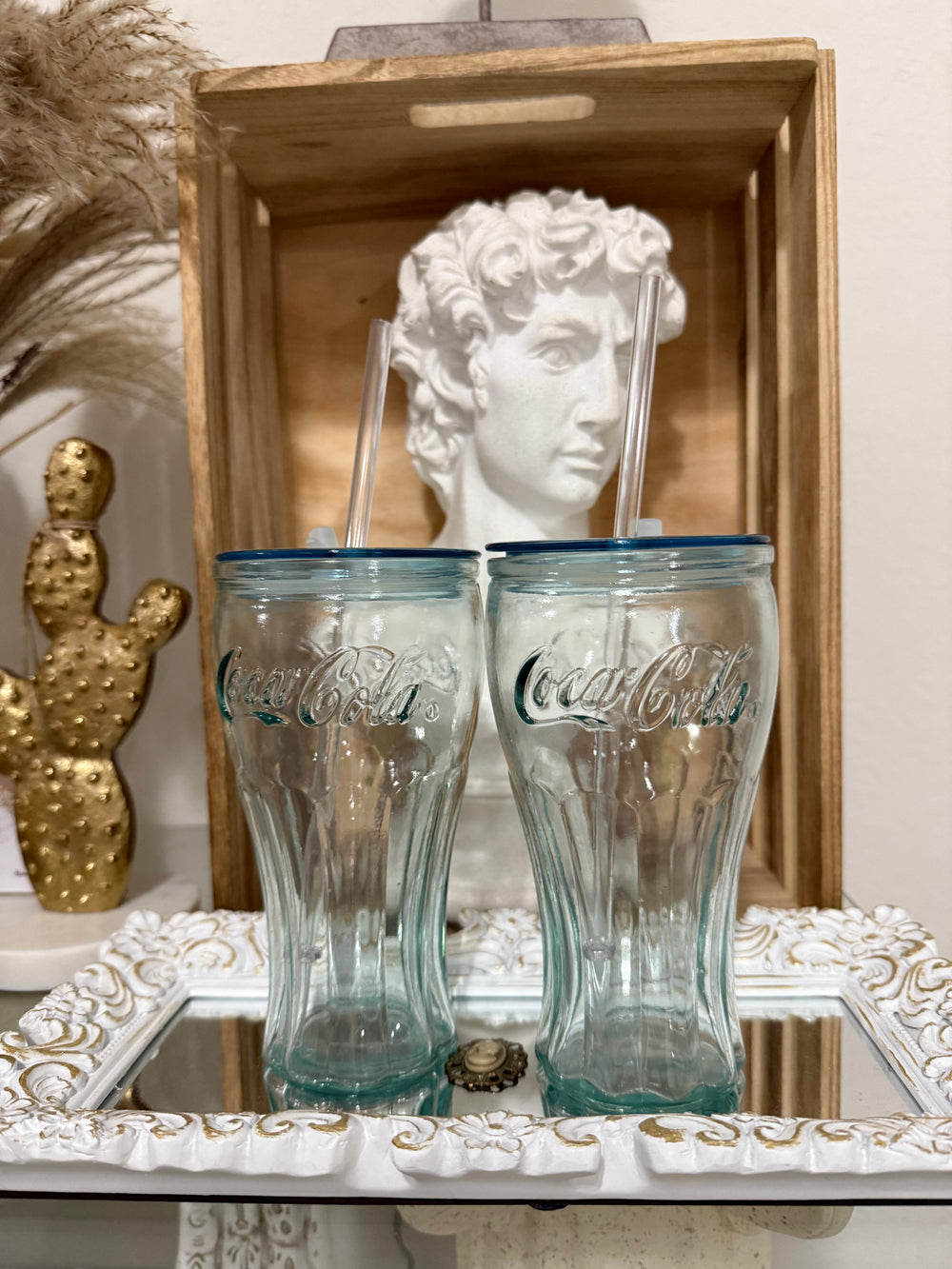 Made in Spain Set of 2 Classic Coca Cola Glass Drink Bottles W Straw & Lid