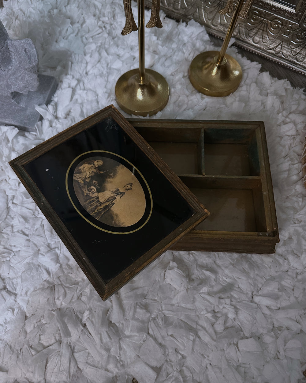 Antique Victorian Wood Trinket Jewelry Box Mirror Gold 19th Century