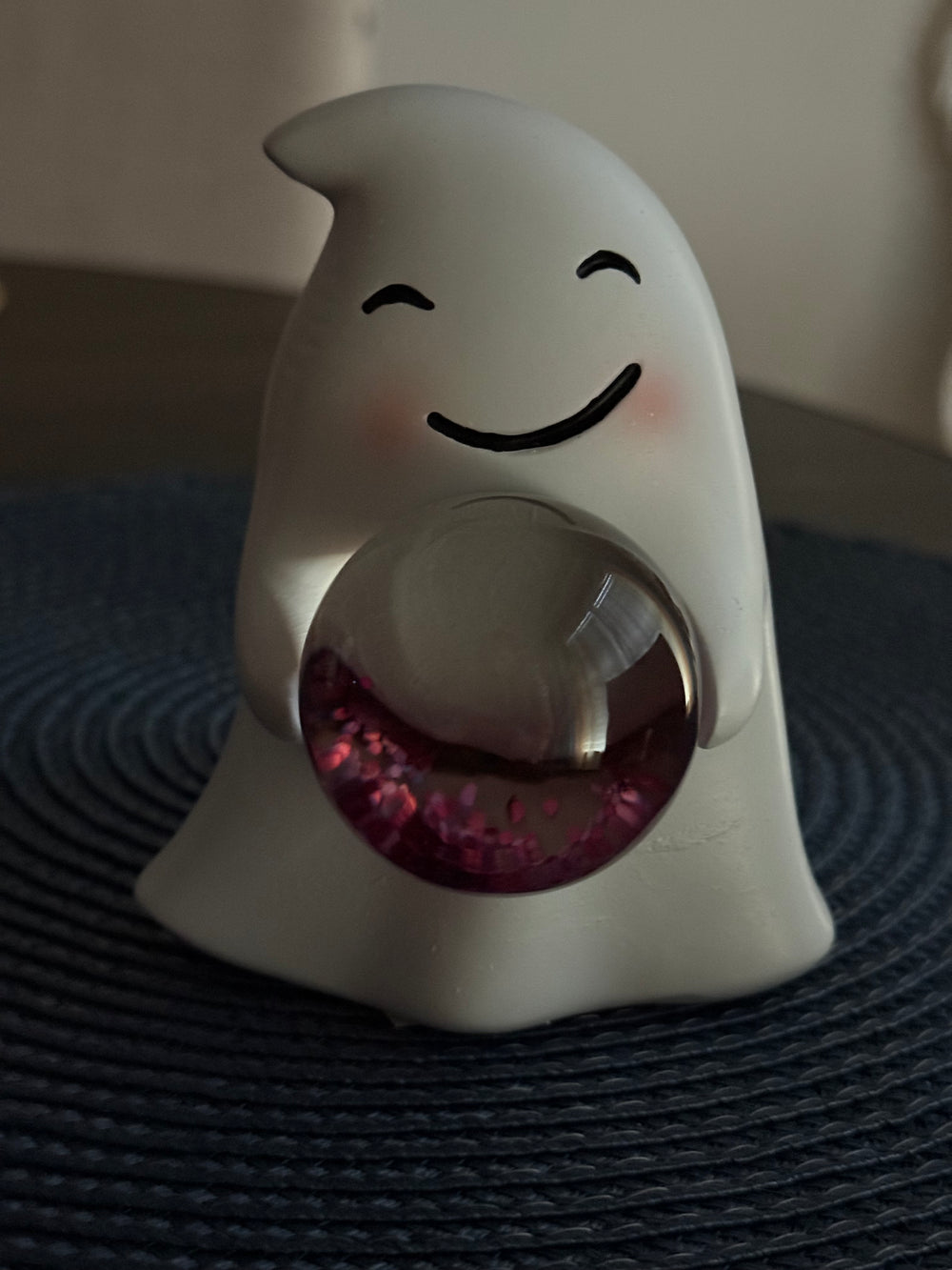 Happy Marshmallow Ghost Figurine w Pink Glitter Crystal Glass Ball
