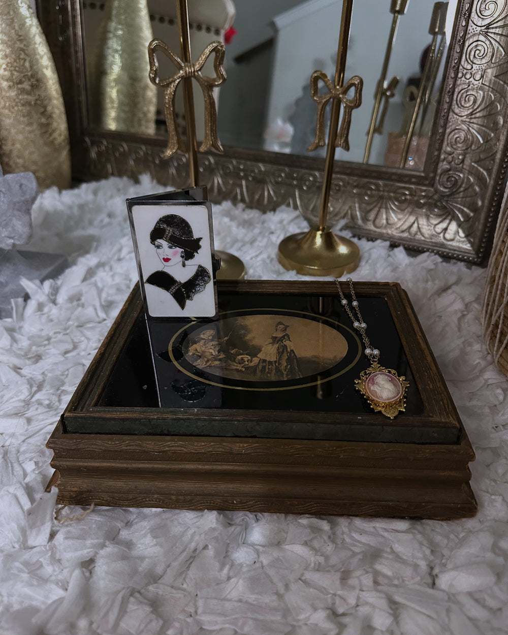Antique Victorian Wood Trinket Jewelry Box Mirror Gold 19th Century