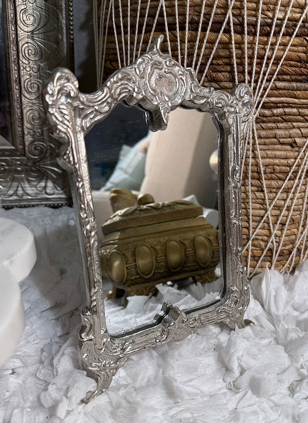 Silver Tone Vanity Mirror Baroque Frame Hollywood Regency Style