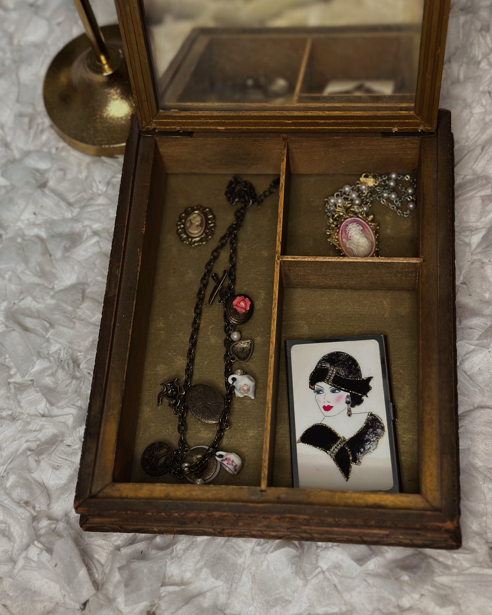Antique Victorian Wood Trinket Jewelry Box Mirror Gold 19th Century