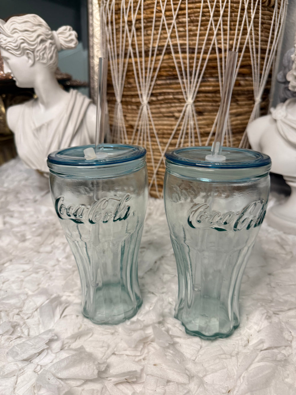 Made in Spain Set of 2 Classic Coca Cola Glass Drink Bottles W Straw & Lid