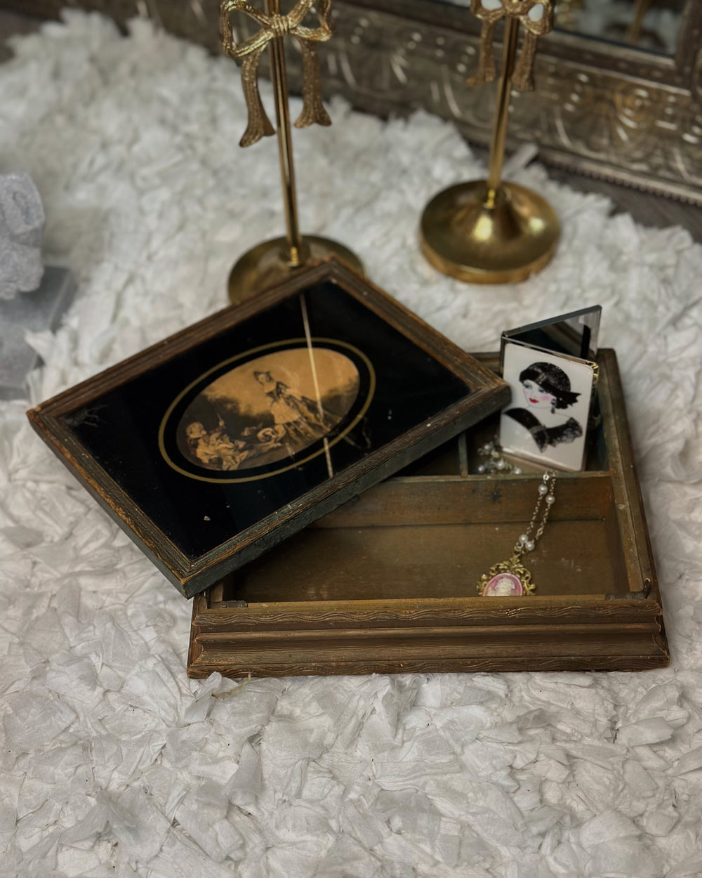 Antique Victorian Wood Trinket Jewelry Box Mirror Gold 19th Century