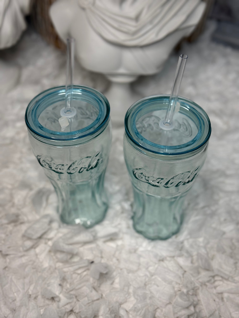 Made in Spain Set of 2 Classic Coca Cola Glass Drink Bottles W Straw & Lid