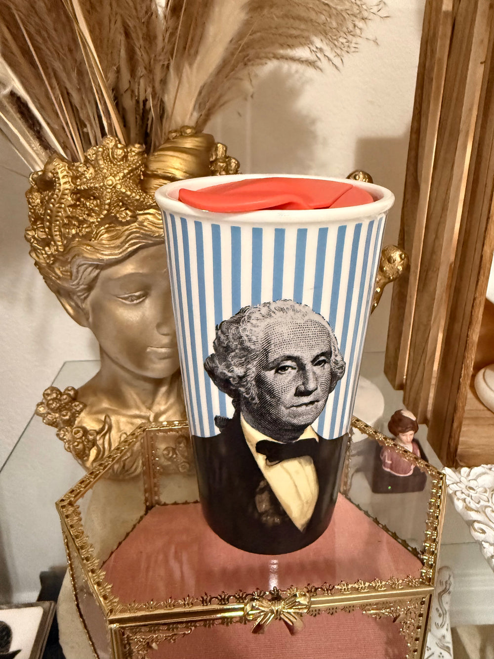 George Washington Blue Striped Tall Mug Tumbler With Lid / Pop Art