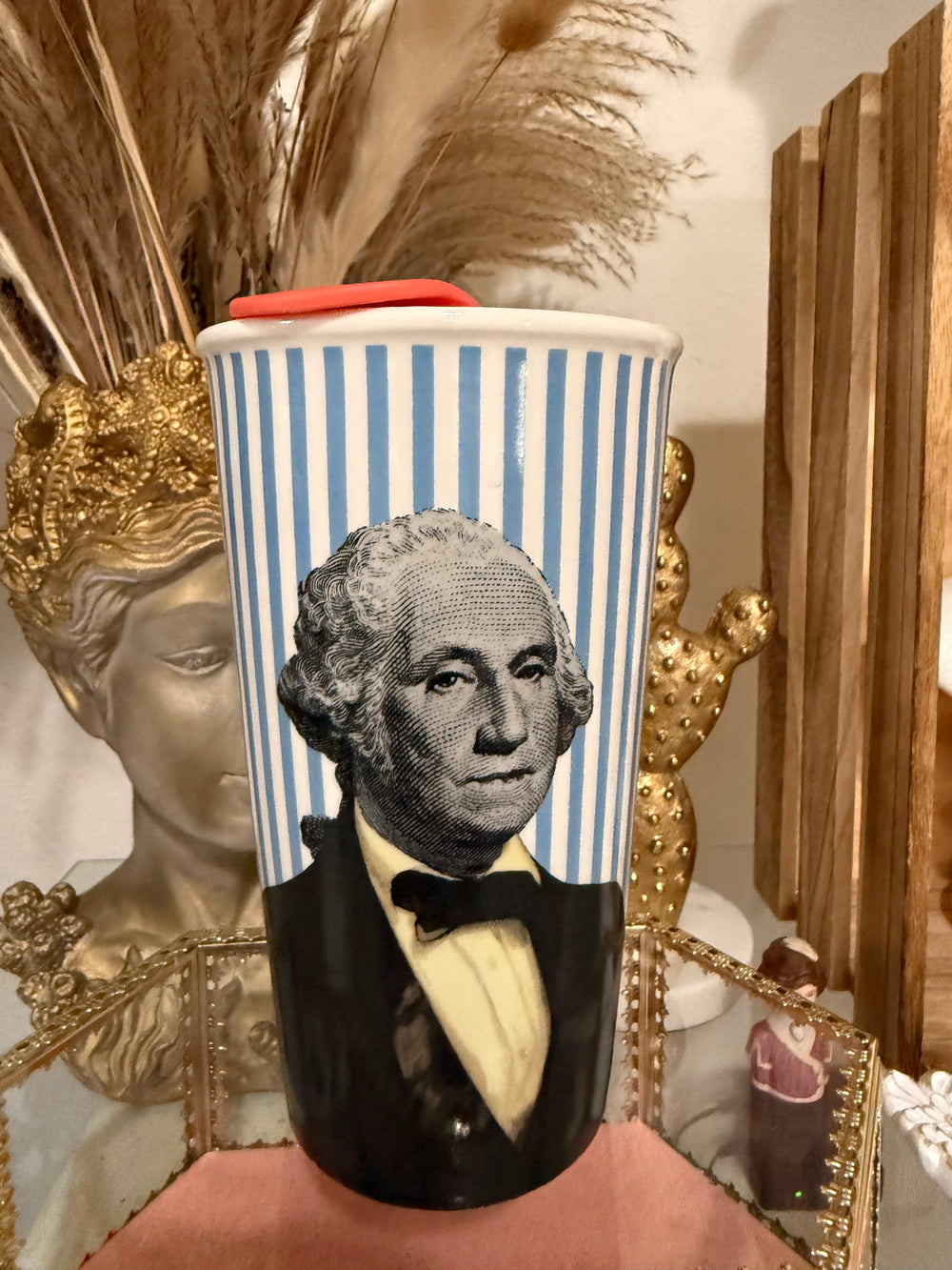 George Washington Blue Striped Tall Mug Tumbler With Lid / Pop Art