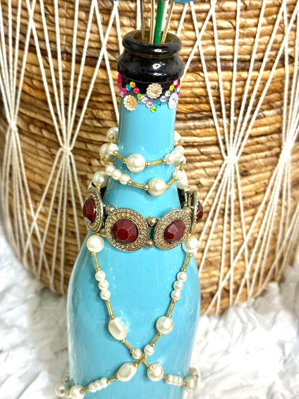 Repurposed - Blue Wine Bottle with Jewels - Home Decor - Table Decoration - Bejewled - Home Decoration Oddities - Flower Vase - Boho Decor