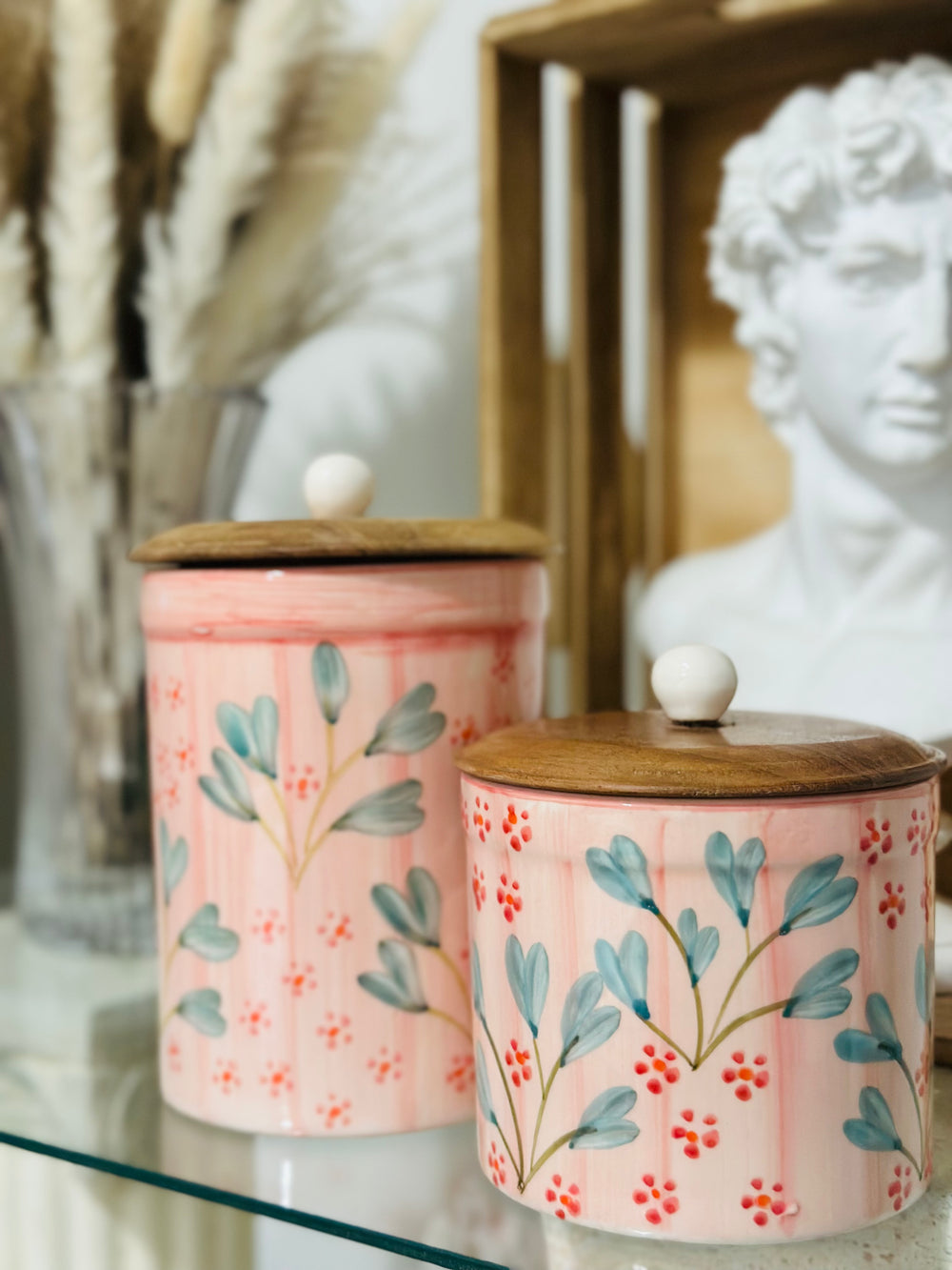 Peony Canister W Wooden Lid Storage Jar Floral ~ Hand Painted Kitchen Farmhouse Home Decor Set Of 2