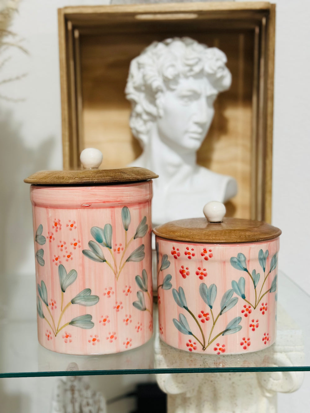 Peony Canister W Wooden Lid Storage Jar Floral ~ Hand Painted Kitchen Farmhouse Home Decor Set Of 2