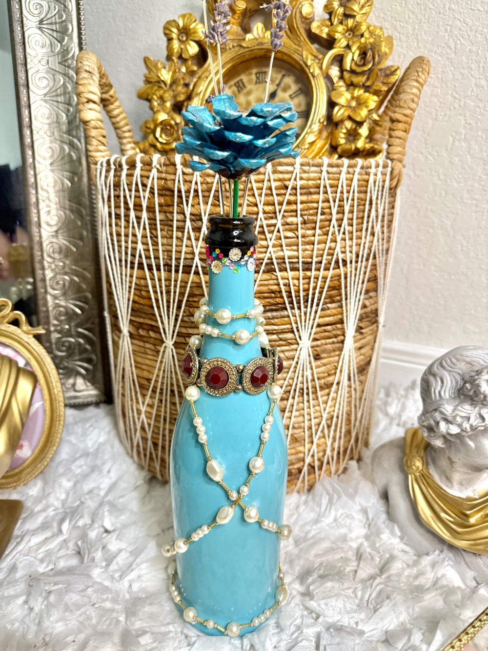 Repurposed - Blue Wine Bottle with Jewels - Home Decor - Table Decoration - Bejewled - Home Decoration Oddities - Flower Vase - Boho Decor
