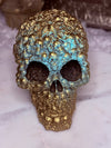 Gold & Blue Paper Weight Garden Statue Skull Head - Skeleton Pattern - Vintage - Oddity - Concrete - Mystical - Gothic