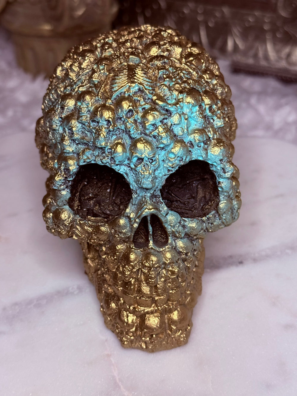 Gold & Blue Paper Weight Garden Statue Skull Head - Skeleton Pattern - Vintage - Oddity - Concrete - Mystical - Gothic