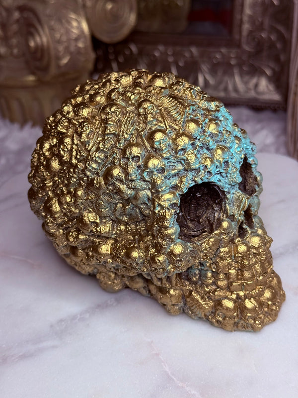 Gold & Blue Paper Weight Garden Statue Skull Head - Skeleton Pattern - Vintage - Oddity - Concrete - Mystical - Gothic